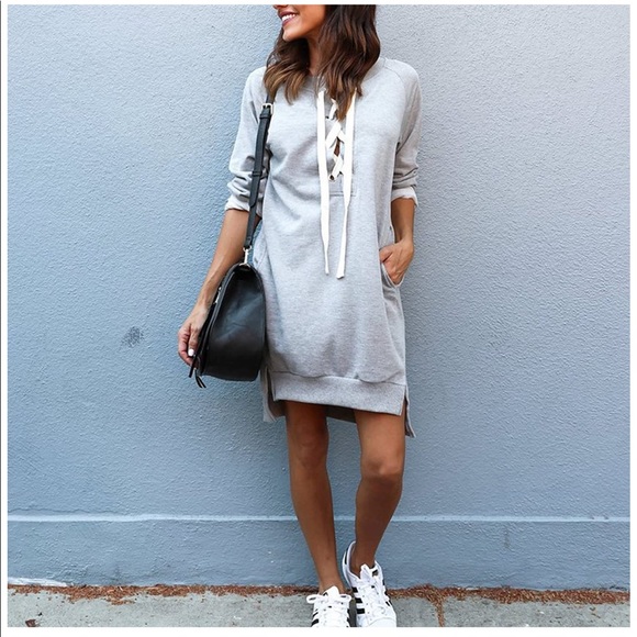 Sweatshirt dress lace up front sweater - Picture 2 of 6